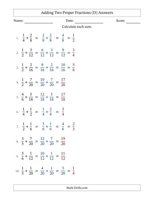 The Adding Fractions with Easy-to-Find Common Denominators (D) Math Worksheet Page 2