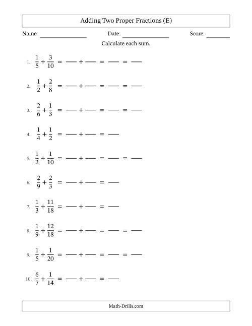 The Adding Fractions with Easy-to-Find Common Denominators (E) Math Worksheet