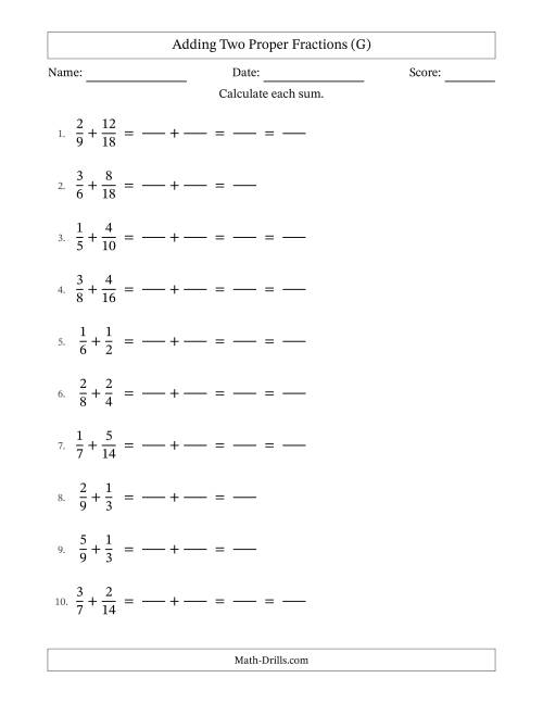 The Adding Two Proper Fractions with Similar Denominators, Proper Fractions Results and Some Simplifying (Fillable) (G) Math Worksheet