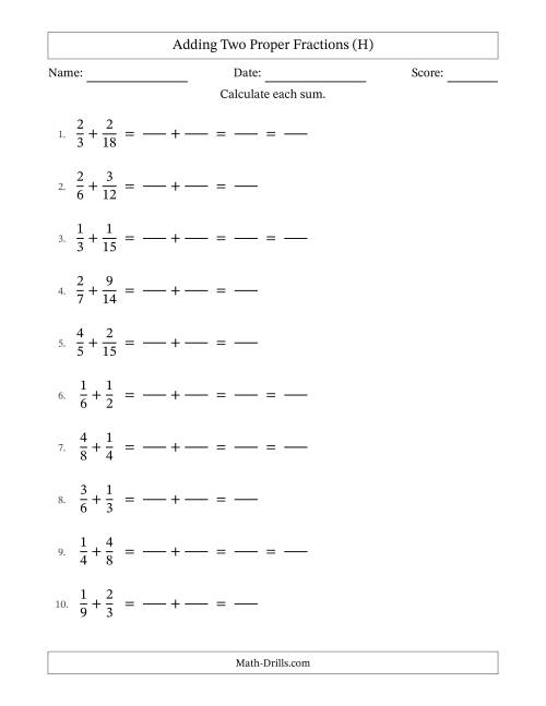 The Adding Two Proper Fractions with Similar Denominators, Proper Fractions Results and Some Simplifying (Fillable) (H) Math Worksheet
