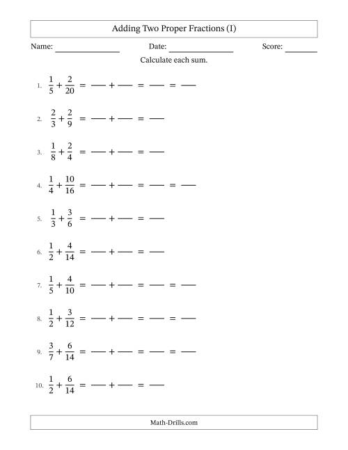The Adding Two Proper Fractions with Similar Denominators, Proper Fractions Results and Some Simplifying (Fillable) (I) Math Worksheet