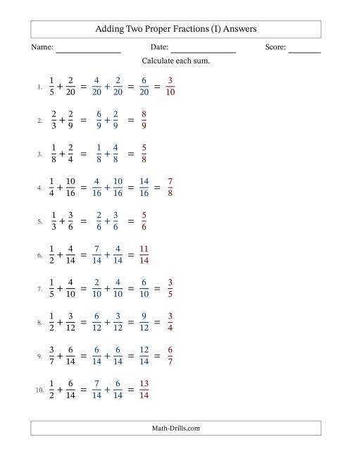 The Adding Two Proper Fractions with Similar Denominators, Proper Fractions Results and Some Simplifying (Fillable) (I) Math Worksheet Page 2