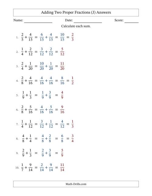 The Adding Fractions with Easy-to-Find Common Denominators (J) Math Worksheet Page 2