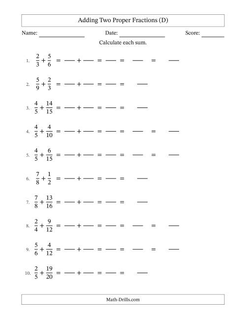 The Adding Two Proper Fractions with Similar Denominators, Mixed Fractions Results and Some Simplifying (Fillable) (D) Math Worksheet