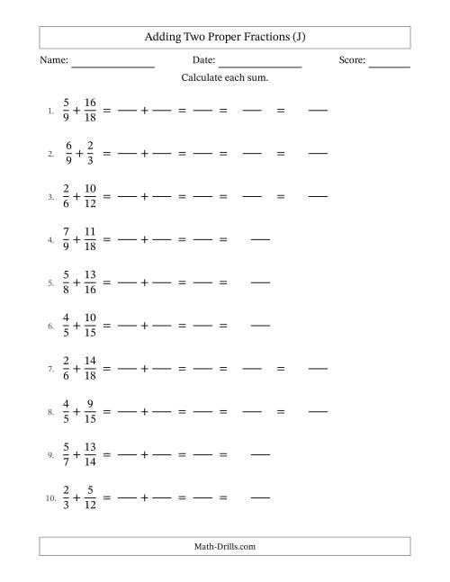 The Adding Two Proper Fractions with Similar Denominators, Mixed Fractions Results and Some Simplifying (Fillable) (J) Math Worksheet