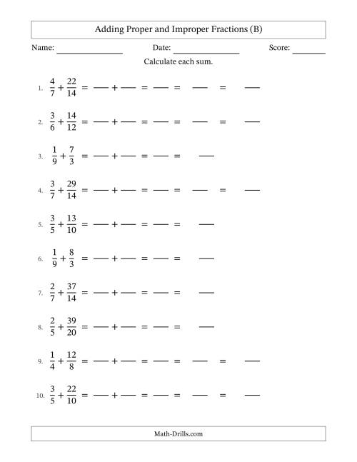 The Adding Improper Fractions with Easy-to-Find Common Denominators (B) Math Worksheet