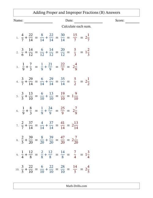 The Adding Improper Fractions with Easy-to-Find Common Denominators (B) Math Worksheet Page 2