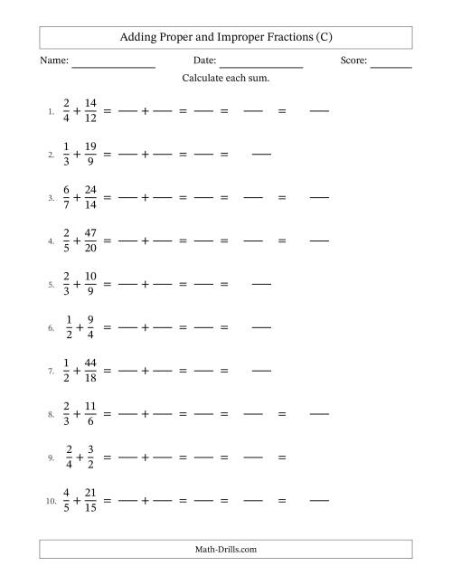 The Adding Improper Fractions with Easy-to-Find Common Denominators (C) Math Worksheet