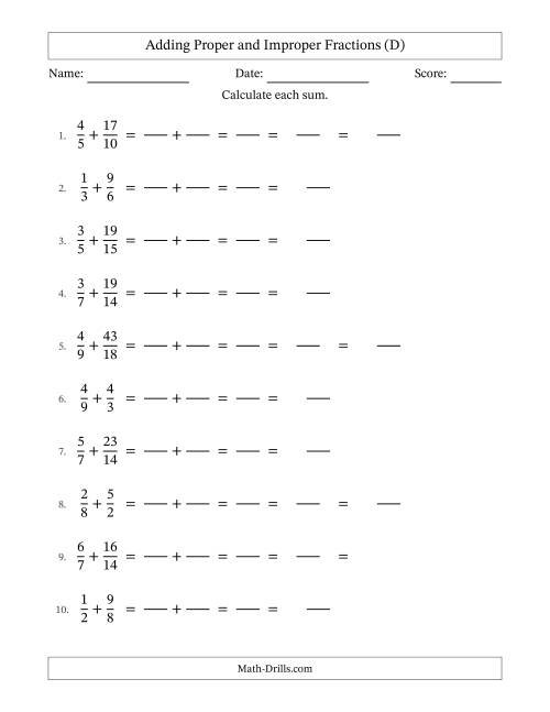 The Adding Improper Fractions with Easy-to-Find Common Denominators (D) Math Worksheet