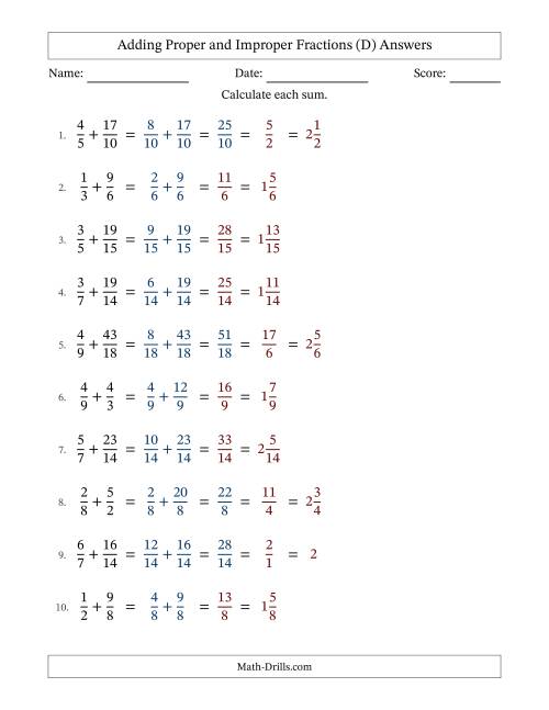 The Adding Improper Fractions with Easy-to-Find Common Denominators (D) Math Worksheet Page 2