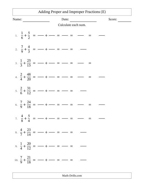 The Adding Proper and Improper Fractions with Similar Denominators, Mixed Fractions Results and Some Simplifying (Fillable) (E) Math Worksheet