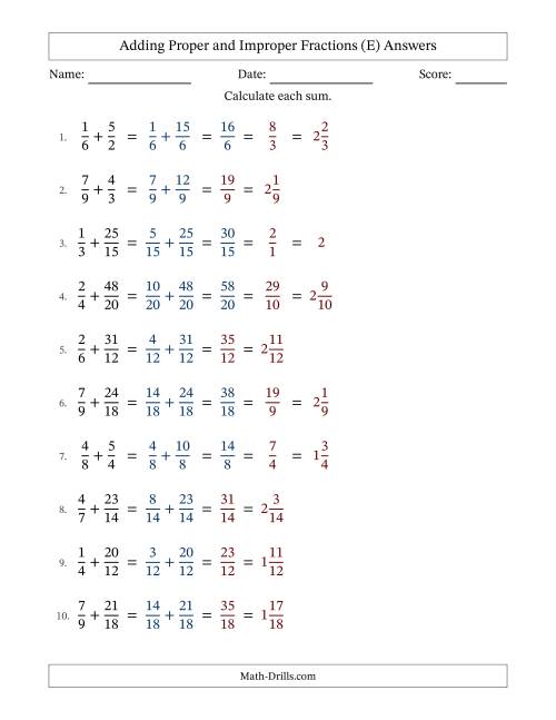 The Adding Improper Fractions with Easy-to-Find Common Denominators (E) Math Worksheet Page 2