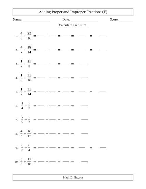 The Adding Improper Fractions with Easy-to-Find Common Denominators (F) Math Worksheet