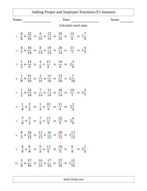 The Adding Improper Fractions with Easy-to-Find Common Denominators (F) Math Worksheet Page 2