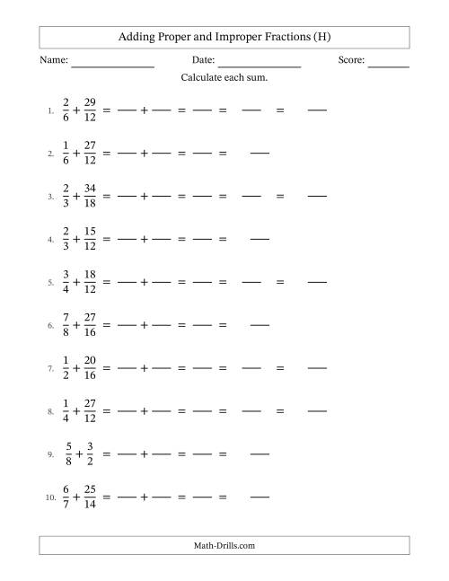 The Adding Improper Fractions with Easy-to-Find Common Denominators (H) Math Worksheet