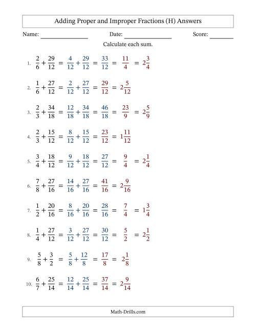 The Adding Improper Fractions with Easy-to-Find Common Denominators (H) Math Worksheet Page 2