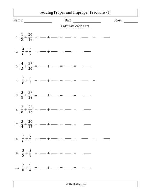 The Adding Proper and Improper Fractions with Similar Denominators, Mixed Fractions Results and Some Simplifying (Fillable) (I) Math Worksheet