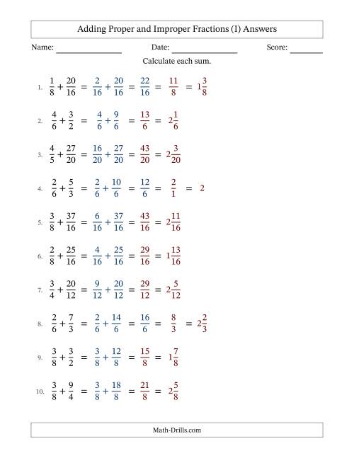 The Adding Proper and Improper Fractions with Similar Denominators, Mixed Fractions Results and Some Simplifying (Fillable) (I) Math Worksheet Page 2