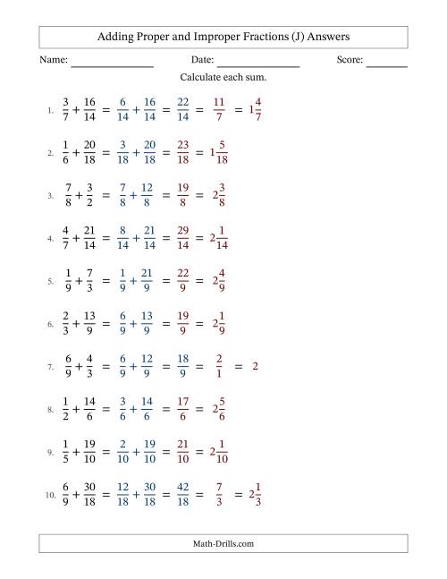 The Adding Improper Fractions with Easy-to-Find Common Denominators (J) Math Worksheet Page 2