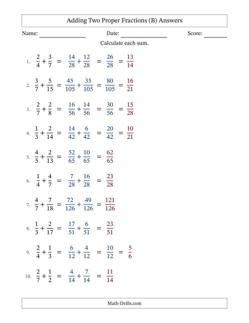 The Adding Two Proper Fractions with Unlike Denominators, Proper Fractions Results and Some Simplifying (Fillable) (B) Math Worksheet Page 2