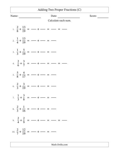 The Adding Two Proper Fractions with Unlike Denominators, Proper Fractions Results and Some Simplifying (Fillable) (C) Math Worksheet