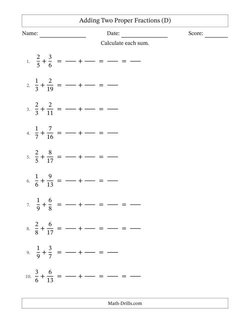 The Adding Two Proper Fractions with Unlike Denominators, Proper Fractions Results and Some Simplifying (Fillable) (D) Math Worksheet