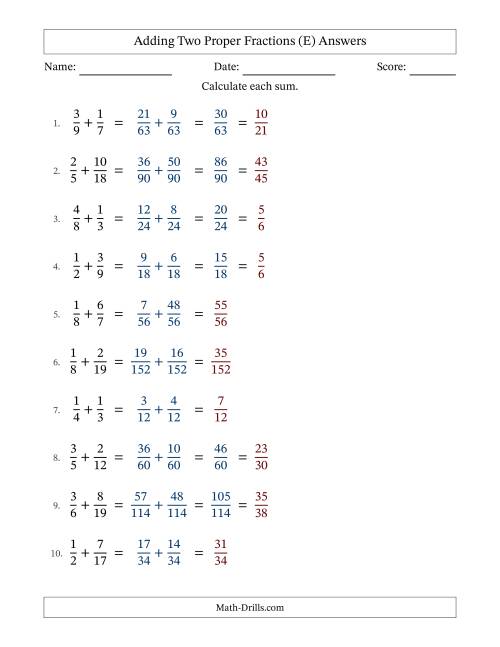 The Adding Two Proper Fractions with Unlike Denominators, Proper Fractions Results and Some Simplifying (Fillable) (E) Math Worksheet Page 2