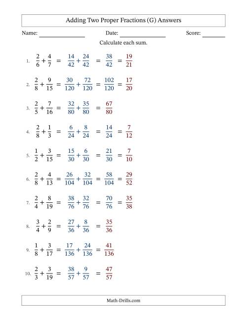 The Adding Two Proper Fractions with Unlike Denominators, Proper Fractions Results and Some Simplifying (Fillable) (G) Math Worksheet Page 2