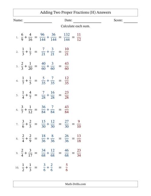 The Adding Two Proper Fractions with Unlike Denominators, Proper Fractions Results and Some Simplifying (Fillable) (H) Math Worksheet Page 2