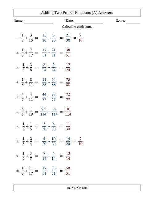 The Adding Two Proper Fractions with Unlike Denominators, Proper Fractions Results and Some Simplifying (Fillable) (All) Math Worksheet Page 2