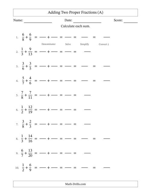 The Adding Two Proper Fractions with Unlike Denominators, Mixed Fractions Results and Some Simplifying (Fillable) (A) Math Worksheet