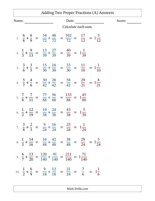 The Adding Two Proper Fractions with Unlike Denominators, Mixed Fractions Results and Some Simplifying (Fillable) (A) Math Worksheet Page 2