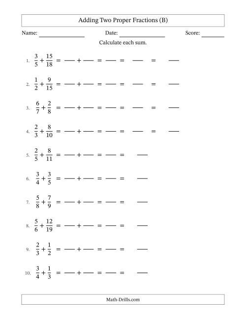 The Adding Two Proper Fractions with Unlike Denominators, Mixed Fractions Results and Some Simplifying (Fillable) (B) Math Worksheet