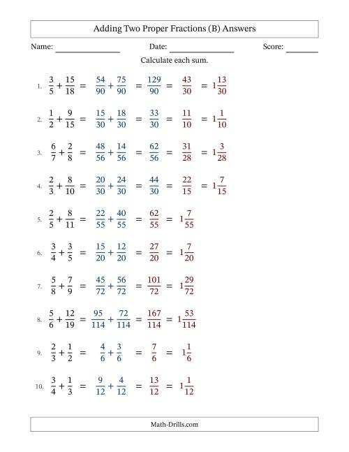 The Adding Two Proper Fractions with Unlike Denominators, Mixed Fractions Results and Some Simplifying (Fillable) (B) Math Worksheet Page 2