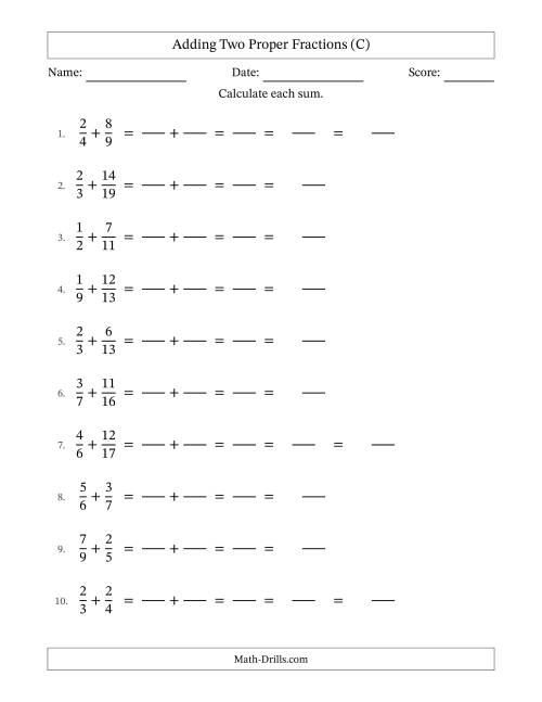 The Adding Two Proper Fractions with Unlike Denominators, Mixed Fractions Results and Some Simplifying (Fillable) (C) Math Worksheet