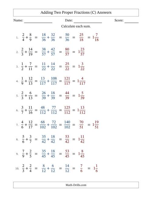 The Adding Two Proper Fractions with Unlike Denominators, Mixed Fractions Results and Some Simplifying (Fillable) (C) Math Worksheet Page 2