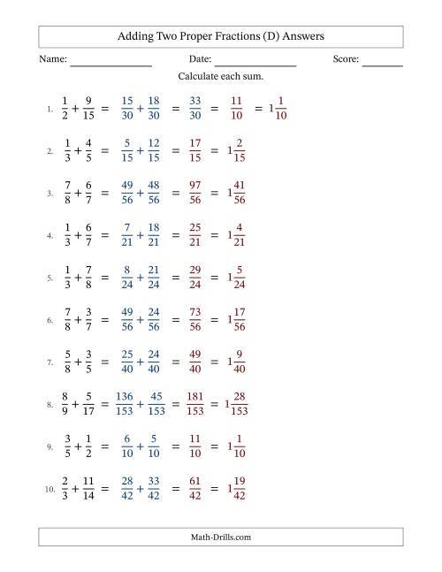 The Adding Two Proper Fractions with Unlike Denominators, Mixed Fractions Results and Some Simplifying (Fillable) (D) Math Worksheet Page 2