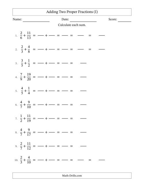 The Adding Two Proper Fractions with Unlike Denominators, Mixed Fractions Results and Some Simplifying (Fillable) (I) Math Worksheet