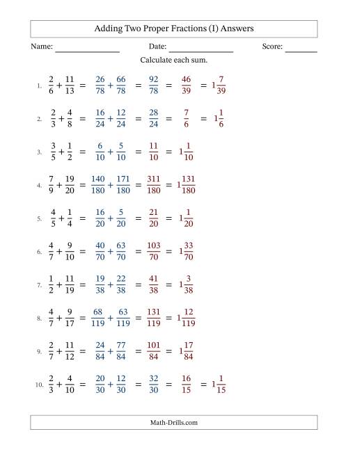 The Adding Two Proper Fractions with Unlike Denominators, Mixed Fractions Results and Some Simplifying (Fillable) (I) Math Worksheet Page 2