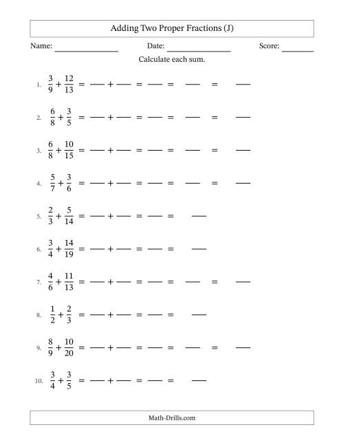 The Adding Two Proper Fractions with Unlike Denominators, Mixed Fractions Results and Some Simplifying (Fillable) (J) Math Worksheet
