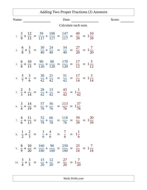 The Adding Two Proper Fractions with Unlike Denominators, Mixed Fractions Results and Some Simplifying (Fillable) (J) Math Worksheet Page 2