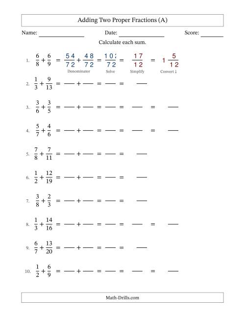 The Adding Two Proper Fractions with Unlike Denominators, Mixed Fractions Results and Some Simplifying (Fillable) (All) Math Worksheet