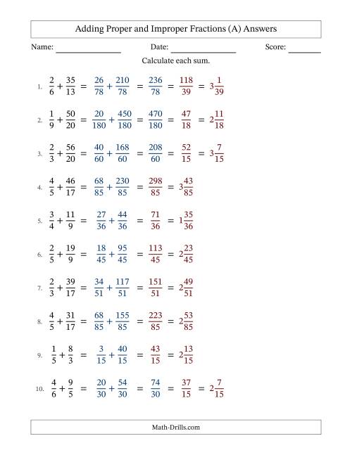 The Adding Proper and Improper Fractions with Unlike Denominators, Mixed Fractions Results and Some Simplifying (Fillable) (A) Math Worksheet Page 2