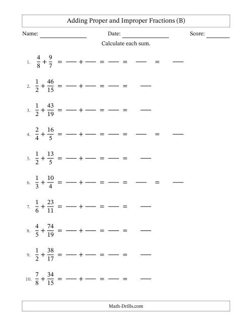 The Adding Proper and Improper Fractions with Unlike Denominators and Mixed Fractions Results (B) Math Worksheet