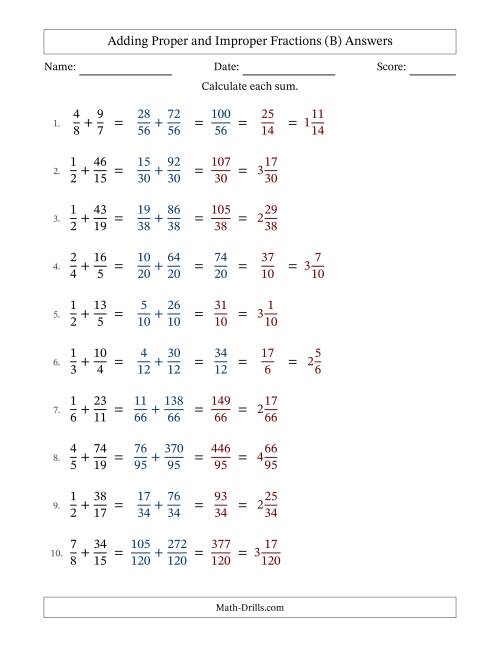 The Adding Proper and Improper Fractions with Unlike Denominators and Mixed Fractions Results (B) Math Worksheet Page 2