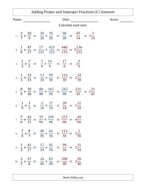 The Adding Proper and Improper Fractions with Unlike Denominators and Mixed Fractions Results (C) Math Worksheet Page 2