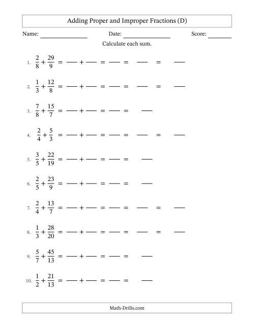 The Adding Proper and Improper Fractions with Unlike Denominators and Mixed Fractions Results (D) Math Worksheet