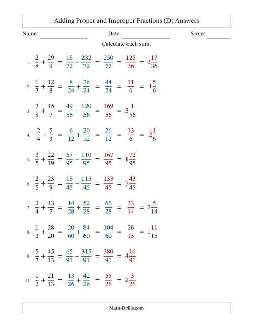 The Adding Proper and Improper Fractions with Unlike Denominators and Mixed Fractions Results (D) Math Worksheet Page 2