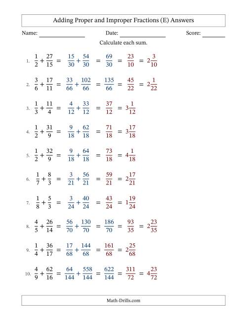 The Adding Proper and Improper Fractions with Unlike Denominators and Mixed Fractions Results (E) Math Worksheet Page 2
