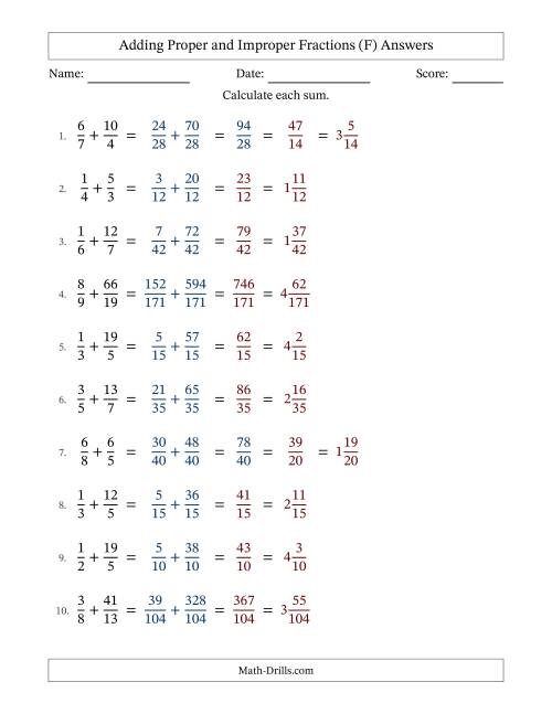 The Adding Proper and Improper Fractions with Unlike Denominators and Mixed Fractions Results (F) Math Worksheet Page 2